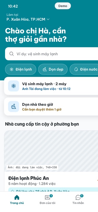 Ảnh chụp App Khách hàng: trang chủ khối cam, đơn đang chạy, nhà cung cấp tin cậy ở phường
