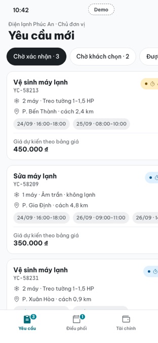 Ảnh chụp App Nhà cung cấp: đội hôm nay, đơn chưa phân công và gợi ý người